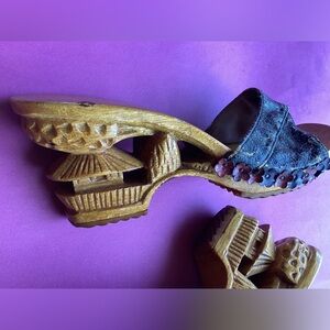 Vintage wood carved  heel mules